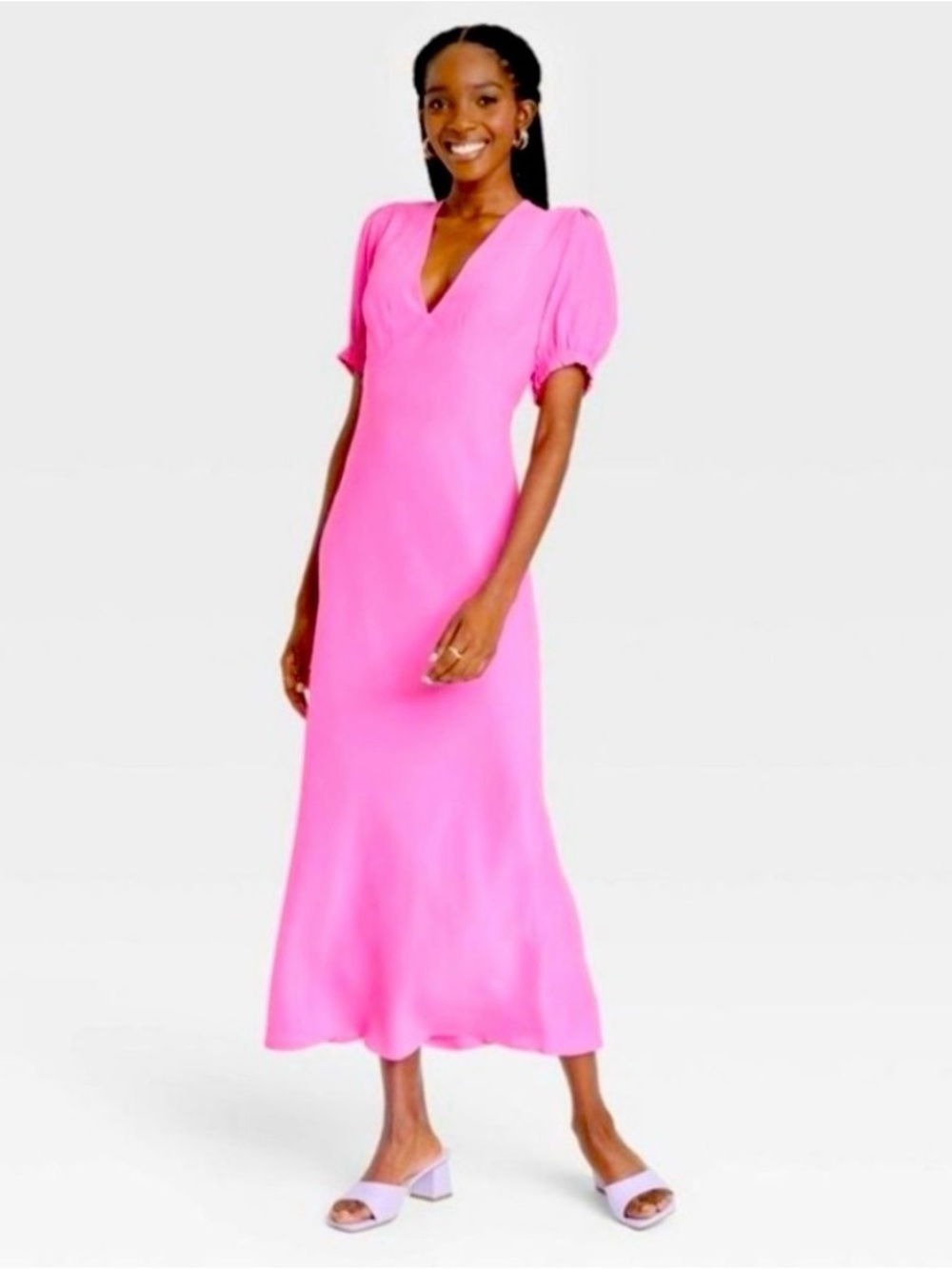 A New Day Hot Pink V-Neck Midi Dress with Puff Sleeves